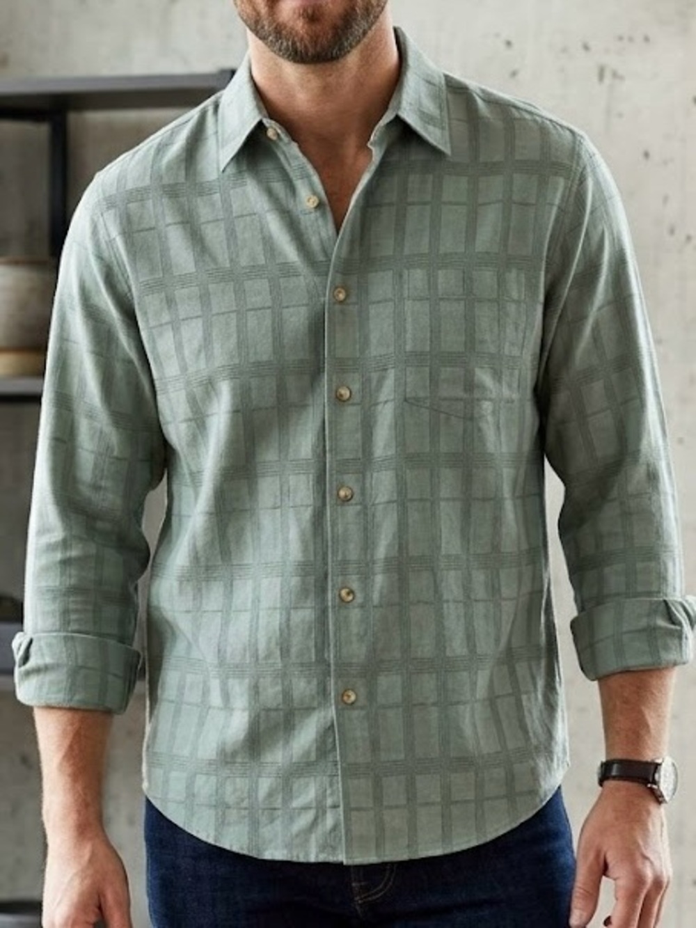 Denver Hayes Sage Green Sueded Plaid Long Sleeve Button Down Utility Workwear